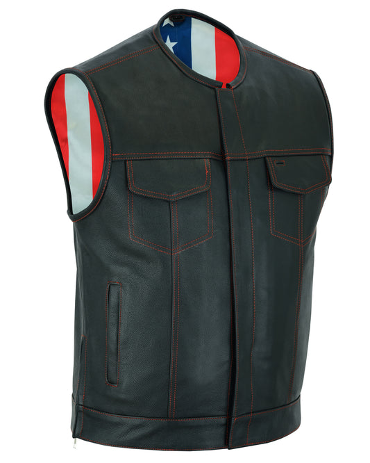 Men's Leather Concealed Carry VestDS155 Men's Leather Vest with Red Stitching and USA Inside Flag Linin
