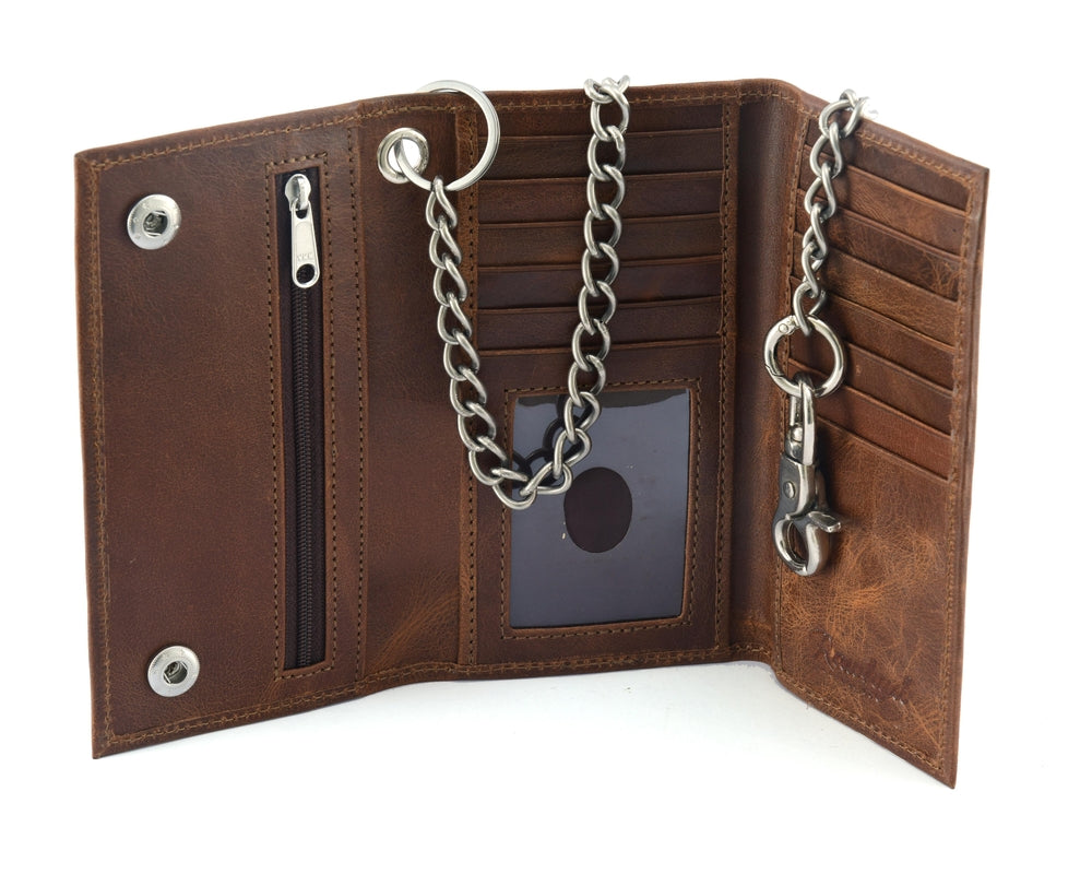 BWC234 Brown Long Tri-Fold Biker Leather Chain Wallet