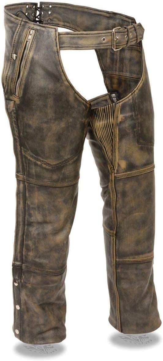 Milwaukee Leather Men's Four Pocket Thermal Lined Distressed Brown Leather Chaps