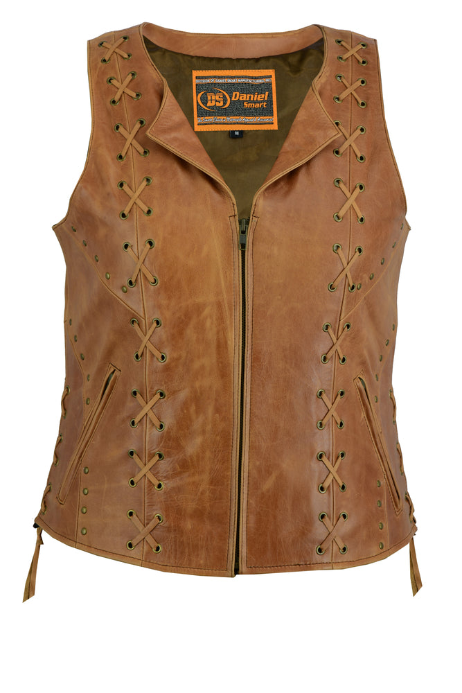 DS236 Women's Brown Zippered Vest with Lacing Details