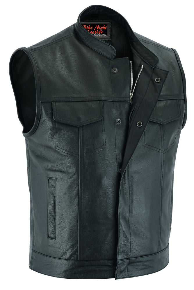 Men's Leather VestAM9192 Concealed Snap Closure, Scoop Collar & Hidden Zipper