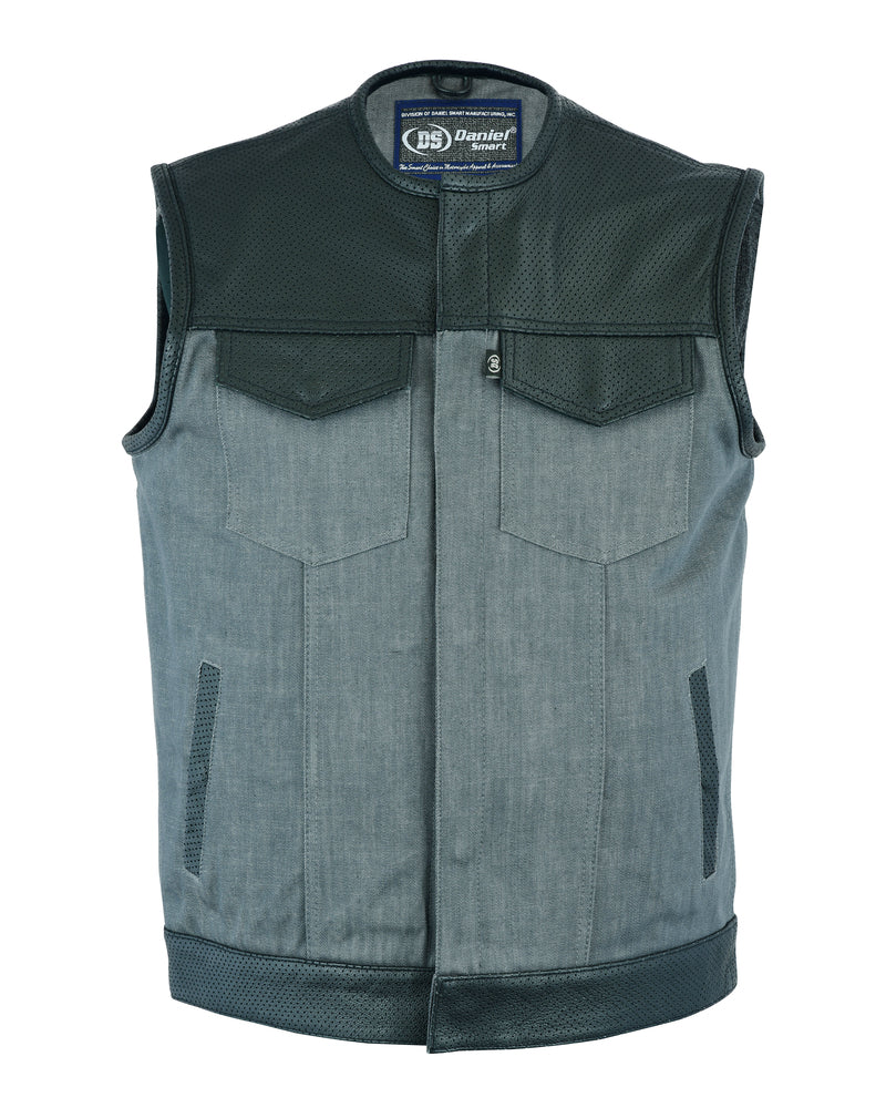 DM934 Men's Perforated Leather/Denim Combo Vest (Black/ Ash Gray)