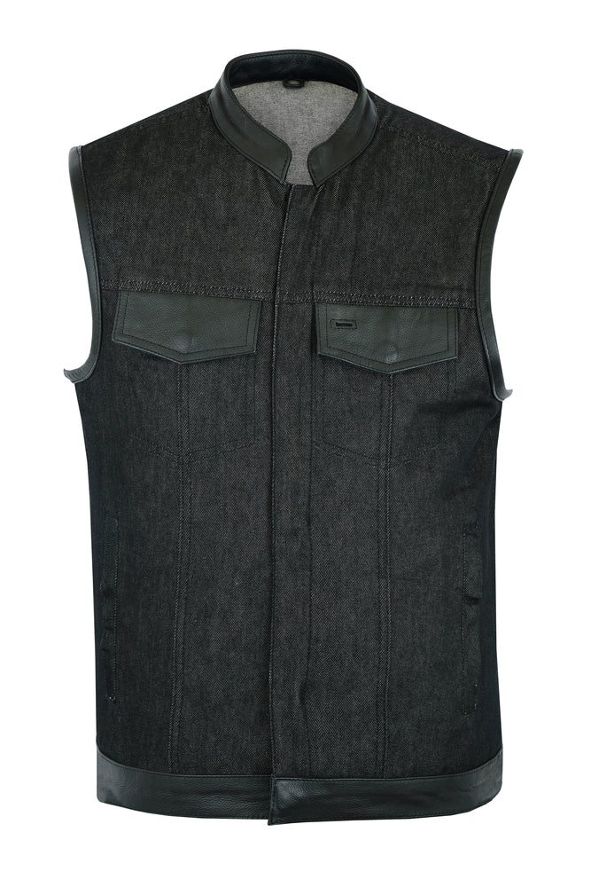 DM962 Men's Rough Rub-Off Raw Finish Denim Vest W/Leather Trim - Scoop Collar