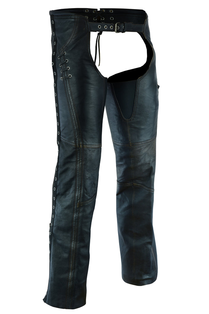 DS490 Women's Stylish Lightweight Hip Set Chaps in Lightweight Drum Dyed Distressed Naked Lambskin