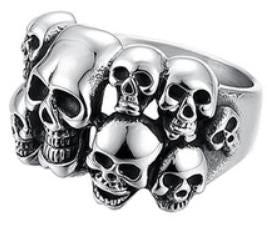 R102 Stainless Steel Multi-Skull Face Biker Ring