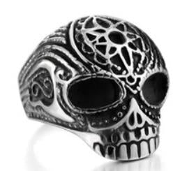 R186 Stainless Steel Flower Cane Skull Biker Ring