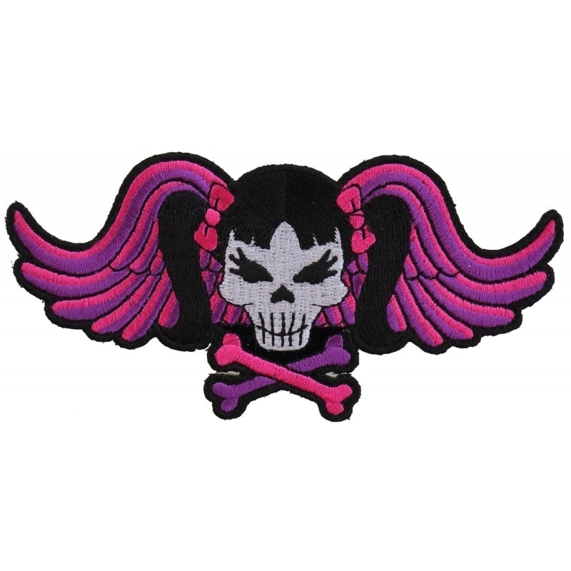 P3419 Pigtails Bow Skull and Wings Small Pink Patch