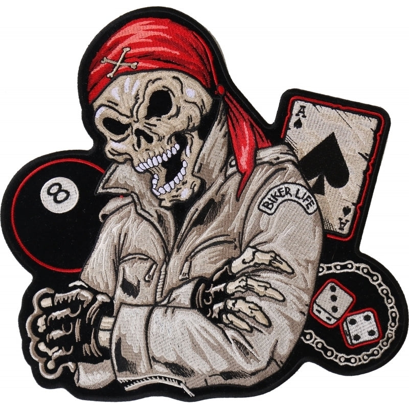 PL4247 Red Bandana Skull 8 Ball Ace of Spades Embroidered Iron on Biker Patch