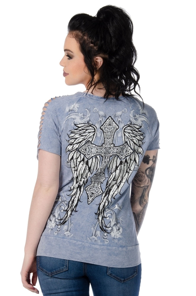 7746 Sliced Short Sleeve with Cross and Wings - back