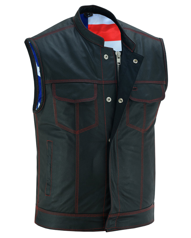 DS165 MEN'S LEATHER VEST WITH RED STITCHING AND USA INSIDE FLAG LININ