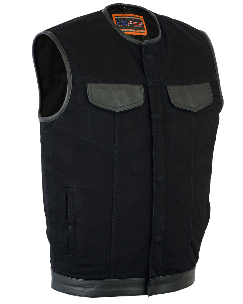 DM991 Men's Black Denim Single Panel Concealment Vest W/Leather Trim