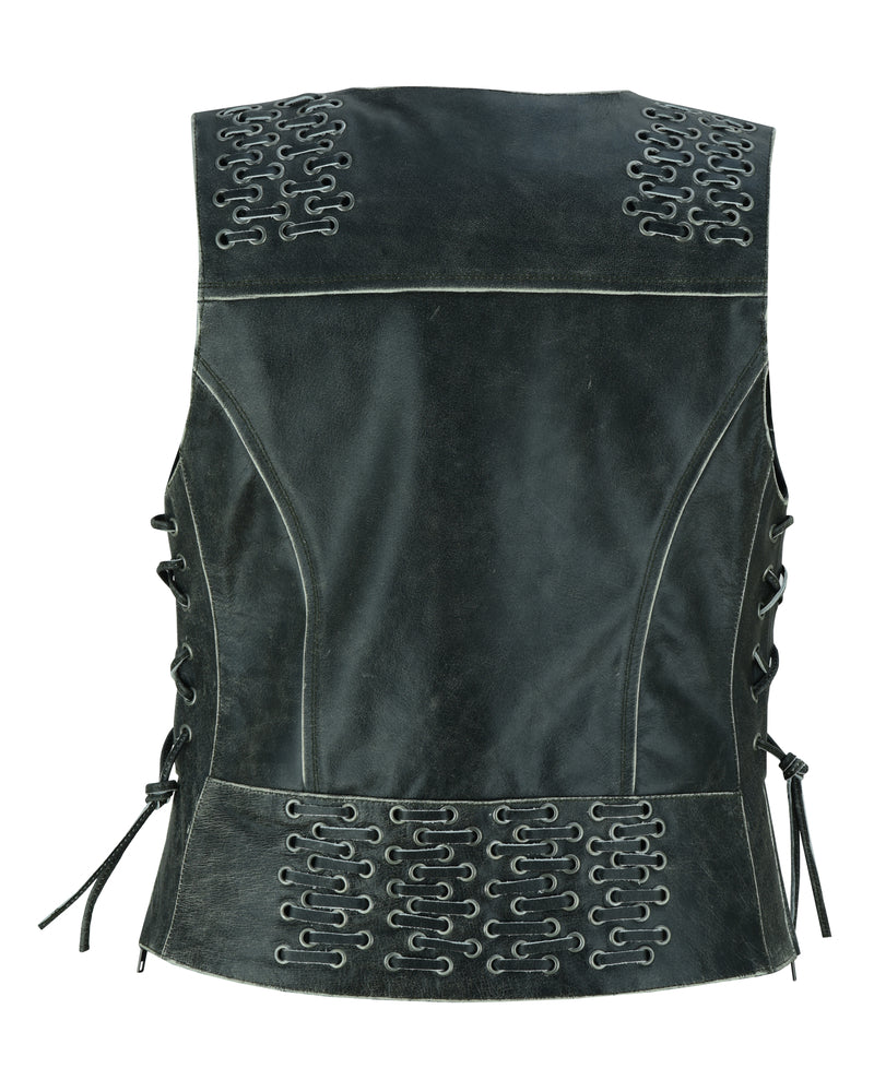 DS285V Women's Gray Vest with Grommet and Lacing Accents