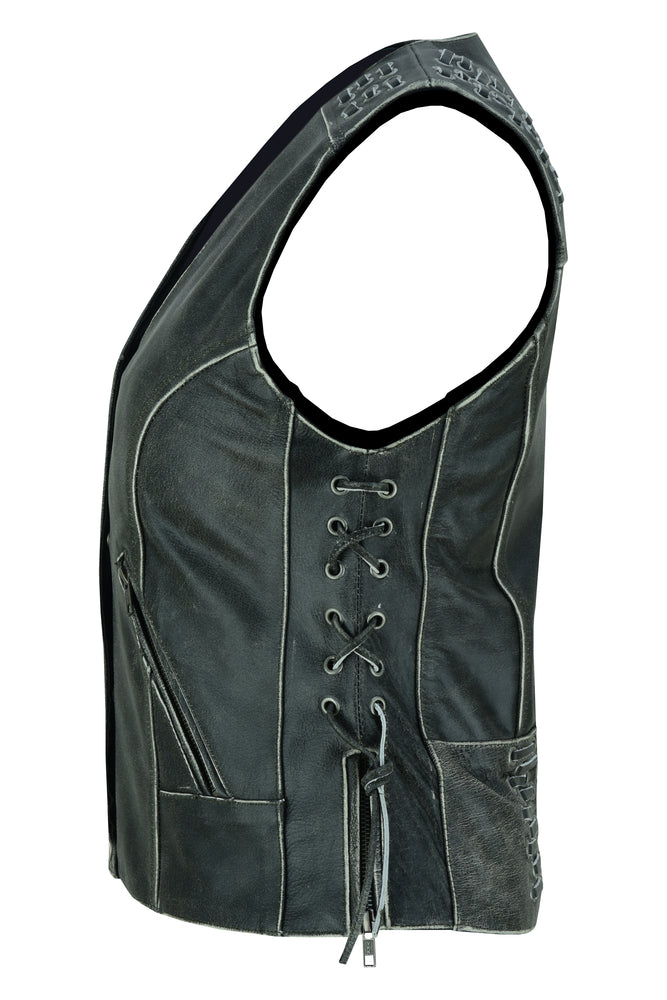 DS285V Women's Gray Vest with Grommet and Lacing Accents