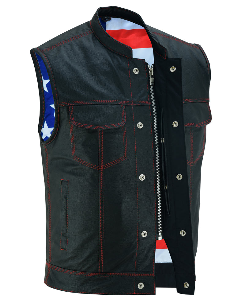 DS165 MEN'S LEATHER VEST WITH RED STITCHING AND USA INSIDE FLAG LININ