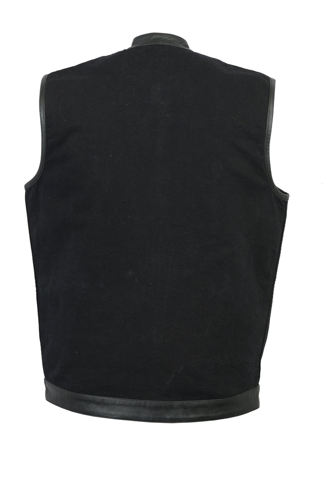 DM992 Men's Black Denim Single Panel Concealment Vest W/ Leather Trim