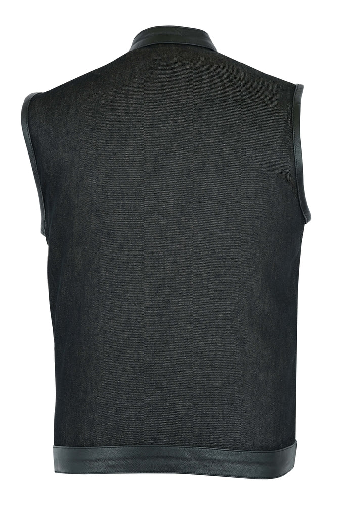 DM962 Men's Rough Rub-Off Raw Finish Denim Vest W/Leather Trim - Scoop Collar