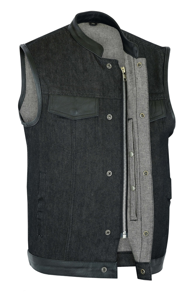 DM962 Men's Rough Rub-Off Raw Finish Denim Vest W/Leather Trim - Scoop Collar