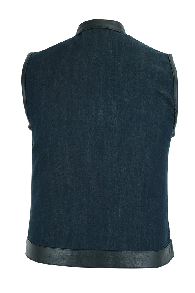 DM964 Women's Broken Blue Rough Rub-Off Raw Finish Denim Vest W/Leather Trimming