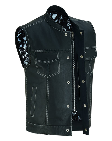 DS164 Men's Paisley Black Leather Motorcycle Vest with White Stitchin